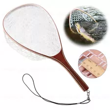 Fly Fishing Landing Net Wooden Handle Rubber Mesh Trout Catch Release Net 62cm