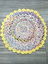 Vintage Rag Rug Crochet Yellow Edging Circular Centerpiece Boho Decor