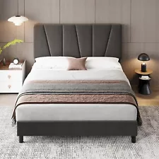 Bed Frame with Upholstered Headbroad and Strong Wooden Slats Easy Assembly