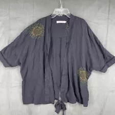 Billy T Cardigan Womens XL Gray Sun Flowers Embroidered Linen Blend Relaxed Fit