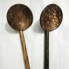 100% Natural Coconut Shell Spoon Palm Wood Handle Handmade Kitchen Tools 13.5 in