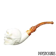 MEERSCHAUM DEPOT Skull Tobacco Pipe - Hand Carved - Bent - W/ Leather Hard Case