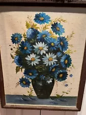 MCM OIL Vintage~W. Charles OIL PAINTING Blue & White Daisies Still Life~60s-70s