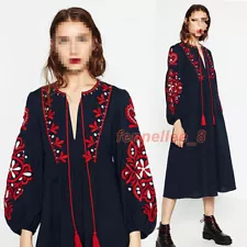 Women's Ukrainian Embroidered Dress Loose Vyshyvanka Ethnic Balloon Sleeve Maxi