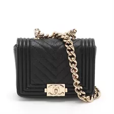 Chanel Boy Chanel Caviar Skin Chain Shoulder Bag Black Gold Metal Fittings 32 Se