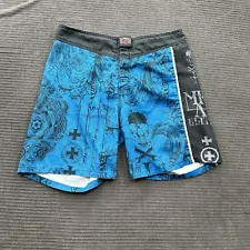 MMA Elite Shorts Men 34 Blue Black Skulls Martial Arts Training BJJ Fighting.