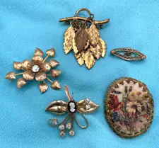 SALE Vtg lot Victorian revival brooches gold-tone rhinestone cameo floral dangle