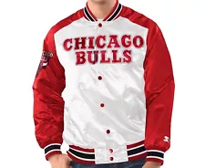 Mens MED Red & White Chicago Bulls Renegade Satin Full-Snap Varsity Jacket