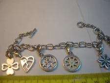 VINTAGE UNUSUAL SOLID HEAVY SILVER BRACELET-6 UNUSUAL CHARMS & DIAMONDS ! 8"