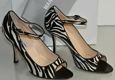 $1035 New Manolo Blahnik Thyme Pony Black White Zebra Mary Jane Peep Toe Shoe 42