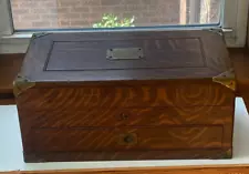 Very Old Solid Wood Silverware or Jewelry Box w Brass Handles & Corners 1904