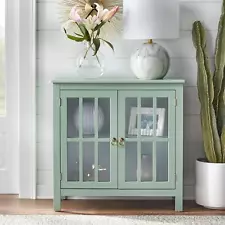 Country Style Glass Door Storage Display Cabinet Hutch in Mint Green Finish