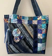 Large recycled denim PURSE tote BAG handmade, patchwork, flowers,tassel, handbag