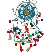 BOHO DREAM CATCHER CROCHETED WITH POM POMS AND BEADS BRIGHT COLORS HIPPIE