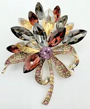 T11-1365 BROOCH SILVER PIN 2.4" RHINESTONE PURPLE FLOWER BOUQUET