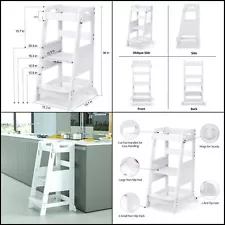 Bamboo Toddler Kitchen Step Stool White Helper Standing Tower Height Adjustabl..