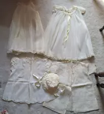 VINTAGE 1959 INFANT WHITE LACE TRIM CHRISTENING DRESS GOWN & SLIP + BONNET 6 M