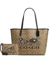 COACH HALLOWEEN CITY TOTE SKELETON HORSE AND CARRIAGE & MATCHING WRISTLET SET