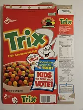 1991 General Mills TRIX Fruity Sweatened Corn Puffs Cereal Box Flat Kids Vote