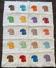 Rag Style Crib Quilt for Baby Featuring Colorful Elephants on White Flannel