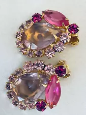 Vintage Designer JULIANA Earrings - Pink, Fuschia Rhinestones - Gold Tone Clips