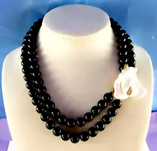 KJL For Avon Black Bead Necklace Midnight Rose White Flower Crystals Double Strd