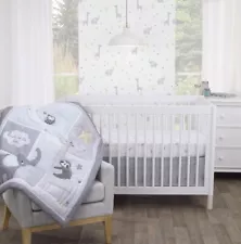 3pc Nursery Set Crib Set Over the Moon, Grey White and Aqua, Animals/Celestial