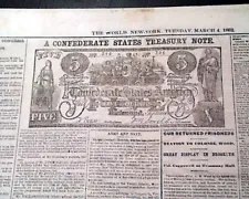 1862 $5 Dollars Confederate States of America CSA Note 1862 Civil War Newspaper