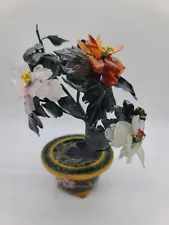 Vintage Chinese Jade Tree w/ Yellow Rose &Cloisonne Bonsai Pot Plant Asian Glass