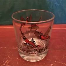 MCM Vintage Pheasants Red And Gold Low Ball Glass 3-1/2” On the Rocks Barware