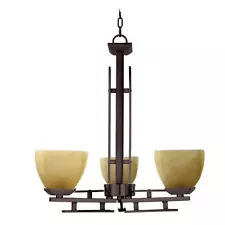 3-Light Venetian Bronze Chandelier w Honey Parchment Glass Shades