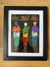 Original Oil Painting African Women Carrying Baskets Within Wood Frame 11” X 9”