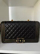 Chanel Lambskin Quilted Medium Boy Studded Handle Flap Black Gold