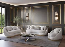 NEW Luxe White Ivory Gold 3PC Sofa Upholstered Living Room Set Contemporary Glam