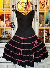 Vintage Betsey Johnson New York Y2K Black Crinkle Pink Velvet Ribbon Slip Dress