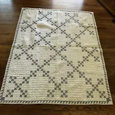 Antique QUILT Primitive Chain Postage Stamp Feedsack Blue White 62"x75"