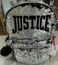 Justice Girls 17” Large Laptop Flip Backpack w/ Pom Key Chain Sequins NWT $28