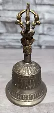 Vintage Ornate 6" Bronze Buddhist Tibetan Ritual Temple Hand Bell Art Decor