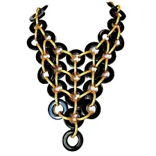 70s Circle Link Bib Necklace -Dior Look- Black Lucite & Gold Tone Hoop Chainmail