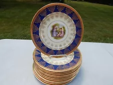 SET OF 12 LA PETITE CHINA 22K W/ COBALT & GRECIAN SCENE 9 3/4" DINNER PLATES