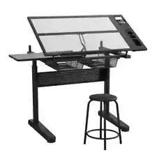 38 in. Black Tempered Glass Hand Crank Adjustable Drafting Table