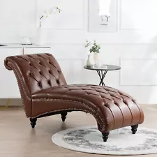 Modern PU Leather Chaise Lounge Chair Button Tufted Sofa Couch Wooden Legs Brown