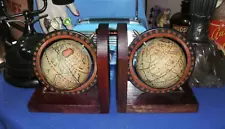 Wooden 6" Bookends With Ancient Scene Globes That Can Turn