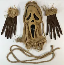 *MINT* Ghost Face Burlap Scarecrow Halloween Mask Gloves Rope Scream Costume