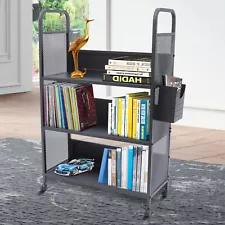 New Library Cart Single Sided Steel Mobile Book Cart with 3 shelves Heavy Duty