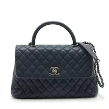 Chanel Coco Handle Caviar Skin 2 Way Shoulder Bag Navy Blue Black x Silver Metal