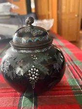 Vintage Cloisonné Ginger Jar Black High Gloss 5” Peony Knob On Lid Pine Cone