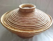 Handmade (likely in bali, indonesie) Rattan lidded footed storage basket