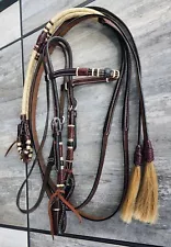 BLR Headstall & Spit Reins * Rawhide * Horse Hair * Brown * Buffalo Leather