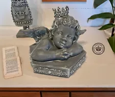 Angel Cherub Statue on Ornate Pedestal with Crown, Pearls & Rhinestones *